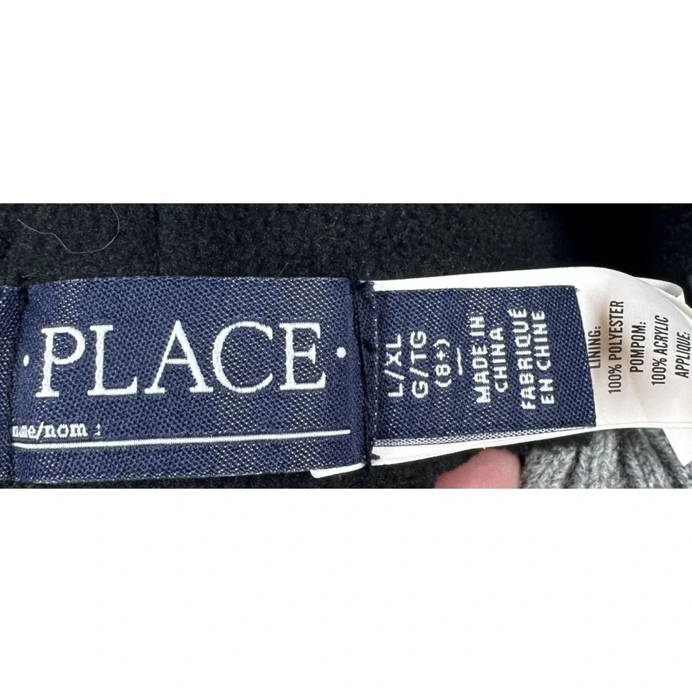 The Children's Place Kids L/XL Black Gray Mountain Pom Beanie Winter Ski Hat